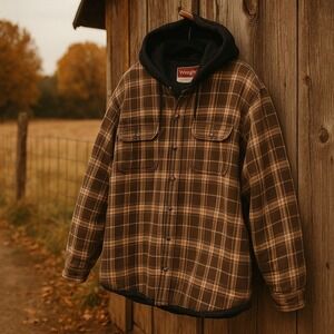Wrangler Hooded Flannel Shirt Jacket 3XL Brown Plaid Quilted Y2K Button Workwear